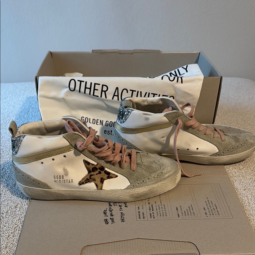 Golden Goose Mid Star Sneakers with Leopard Accent, Silver Glitter, & Pink Laces